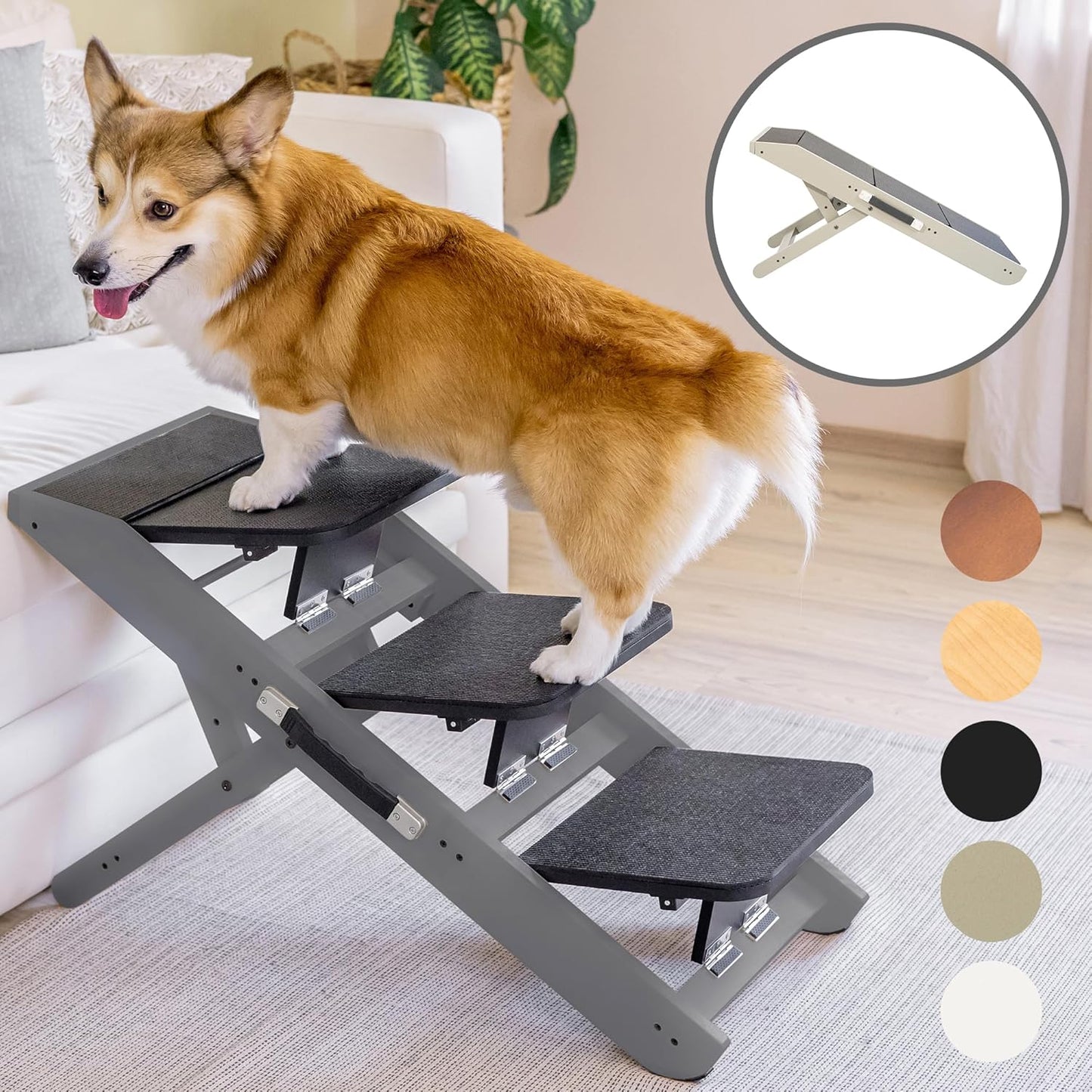 Dog Steps for Bed & Couch 2-in-1 Dog Stairs/Ramp - Height Adjustable Dog Ramp for Couch 7” - 20” - Pet Stairs, Dog Stairs for Small Dogs - Easy to Move Pet Steps with Landing Platform, Gray - Pawvie