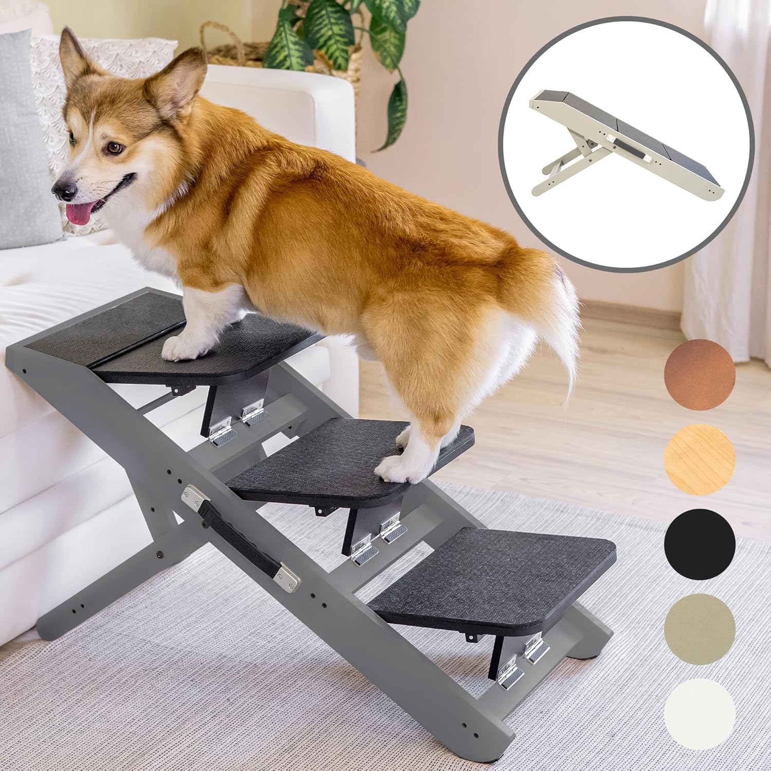 Dog Steps for Bed & Couch 2-in-1 Dog Stairs/Ramp - Height Adjustable Dog Ramp for Couch 7” - 20” - Pet Stairs, Dog Stairs for Small Dogs - Easy to Move Pet Steps with Landing Platform, Gray - Pawvie