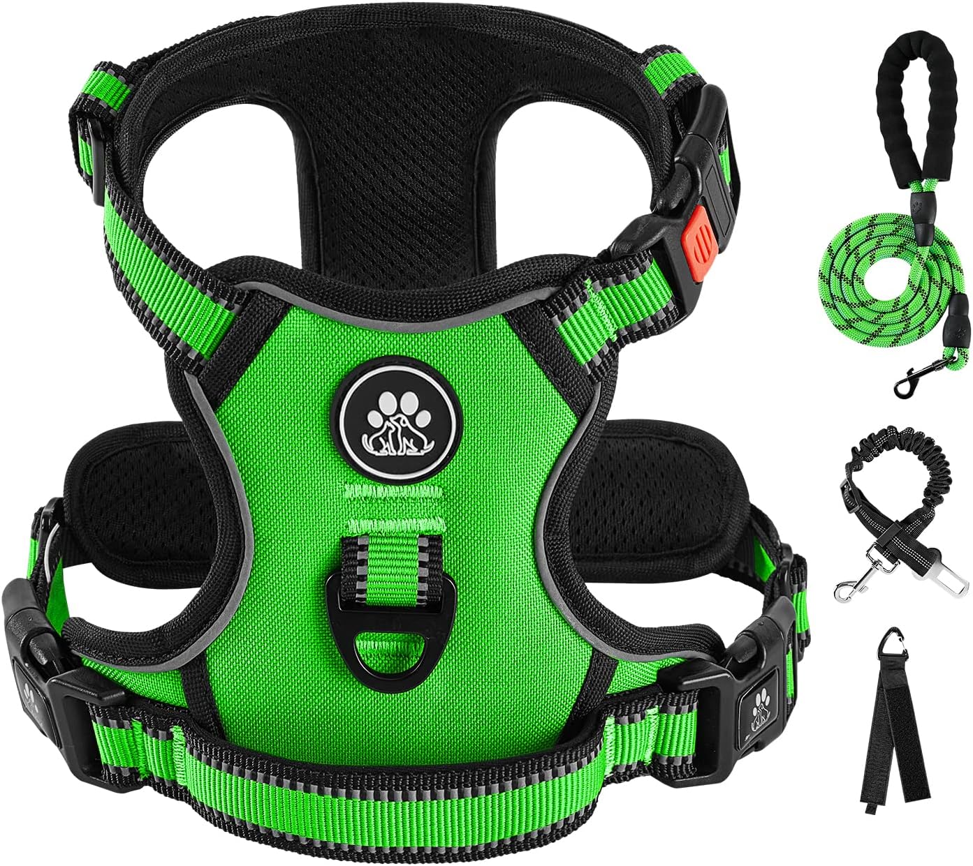 IVY&LANE No Pull Dog Harness for Large Dogs, Dog Vest Harness with Leash, Safety Belt and Storage Strap, Fully Adjustable Harness, 360° Reflective Strip, Soft Handle (Green, XL)