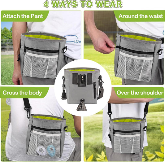 JIURUN Dog Treat Bag, Dog Training Kit - Treat Pouch, Pet Training Fanny Pack, Puppy Training Clicker, 2-in-1 Whistle Clicker, Collapsible Dog Bowl, 2 Dog Poop Bag(Gray)