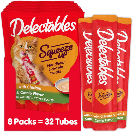 Delectables Squeeze Up Creamy Squeezable Puree, Lickable Wet Cat Treats, Grain Free, No Added Fillers, No By-Products, No Added Preservatives, 0.5 Ounces Tube Chicken with Catnip, 32 Tubes Total