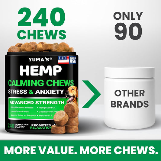 Hemp Calming Chews for Dogs - 240 Treats - Advanced Dog Calming Chews - Anxiety Relief Supplement Treats with Melatonin - Sleep Aid for Separation, Barking, Stress, Hip and Joint Support Made in USA