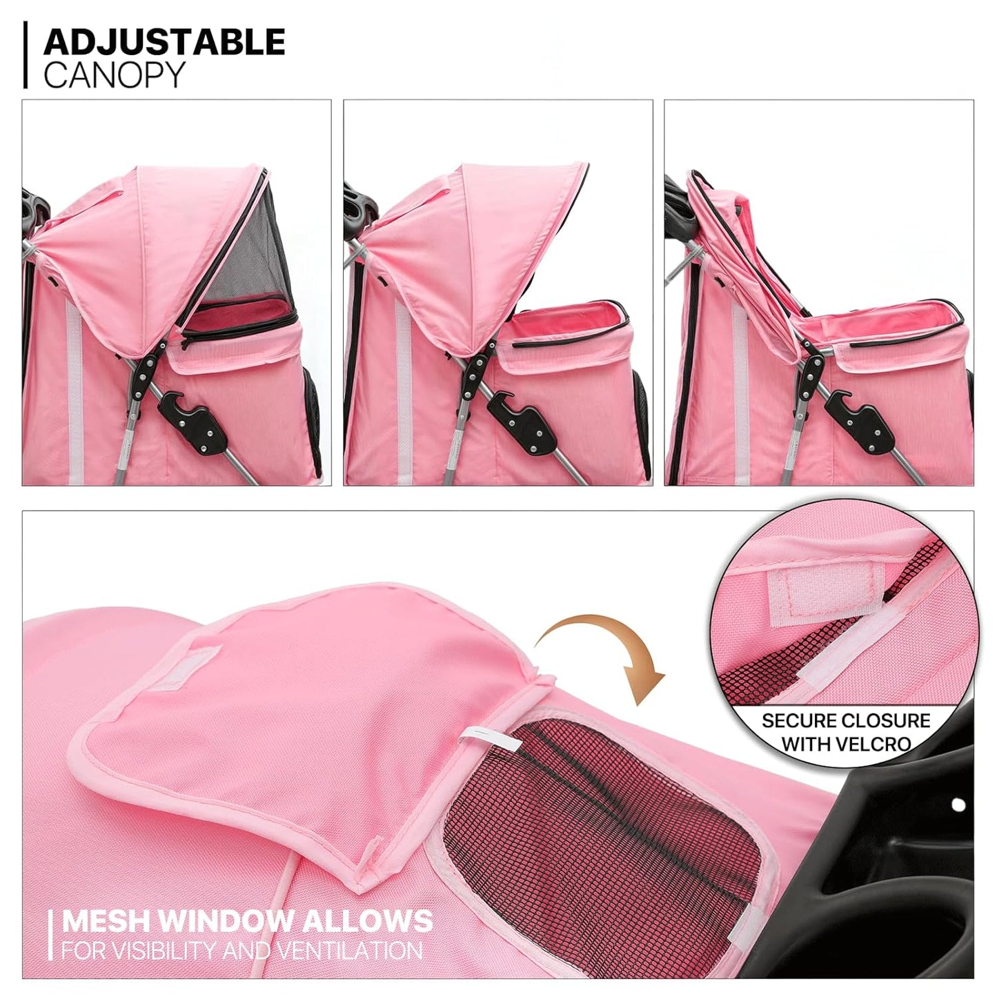 MoNiBloom 3-Wheels Foldable Pet Stroller with Waterproof Cover, Pet Strolling Cart for Small/Medium Dogs and Cats with Storage Basket and Cup Holder, Breathable and Visible Mesh for All-Season, Pink - Pawvie