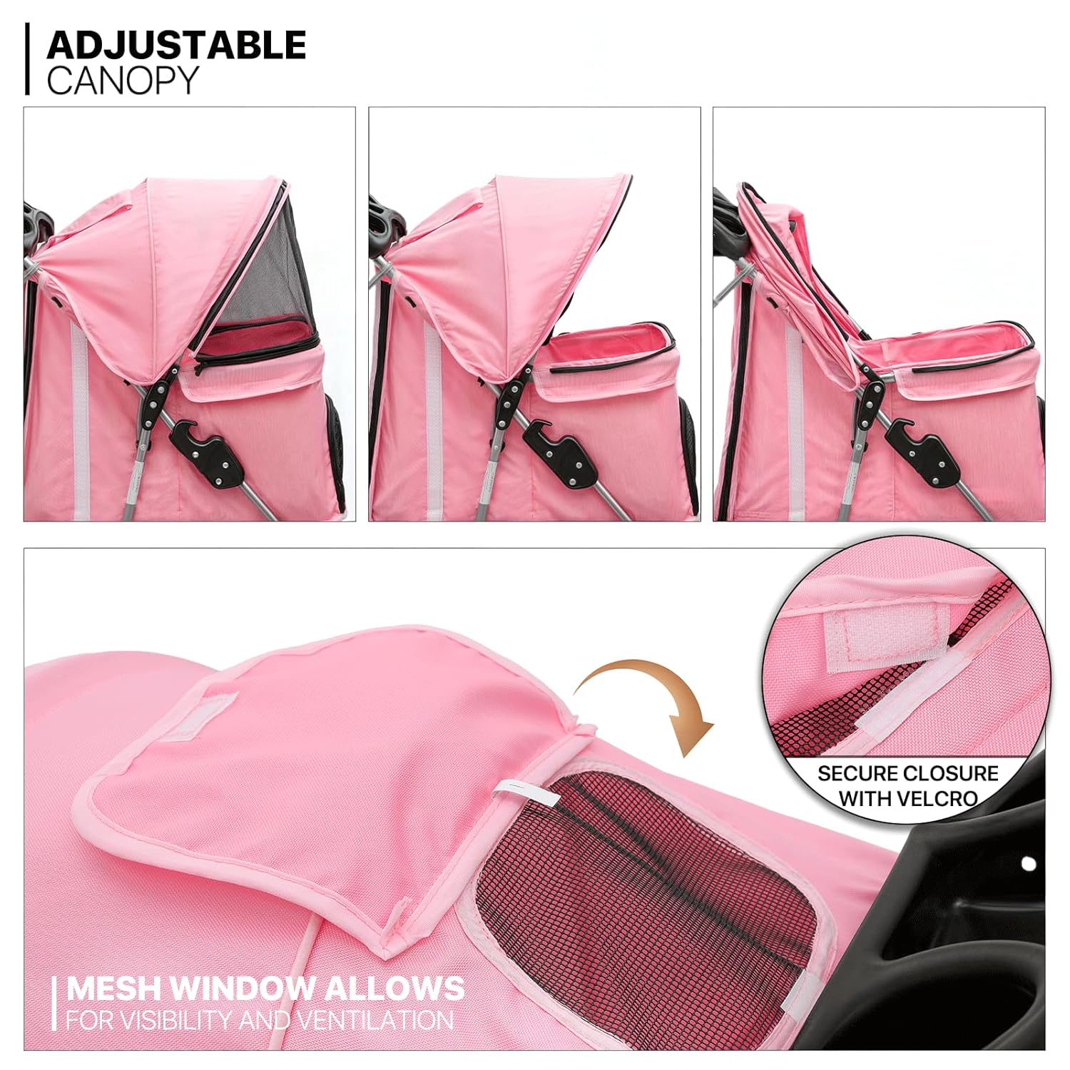 MoNiBloom 3-Wheels Foldable Pet Stroller with Waterproof Cover, Pet Strolling Cart for Small/Medium Dogs and Cats with Storage Basket and Cup Holder, Breathable and Visible Mesh for All-Season, Pink - Pawvie