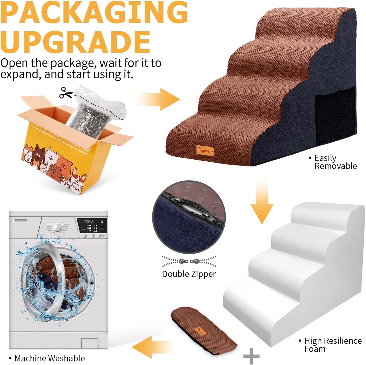 Topmart High Density Foam Dog Steps 4 Tiers,Extra Wide Deep Pet Steps,Non-Slip Dog Stairs Ramp for Bed,Soft Foam Cat Ladder,Best for Older Injured,Older Pets,Cats with Joint Pain