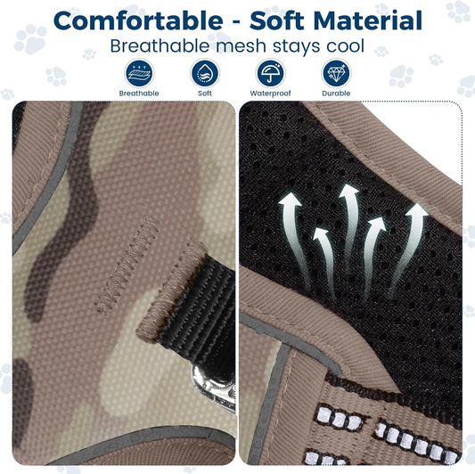 Funfox Dog Harness No Pull, Adjustable Pet Vest Harness, Super Soft Material with Vertical Handle Easy Control, Reflective Night Walking, 2 Leash Clips for Large Dogs, Camo Brown, L