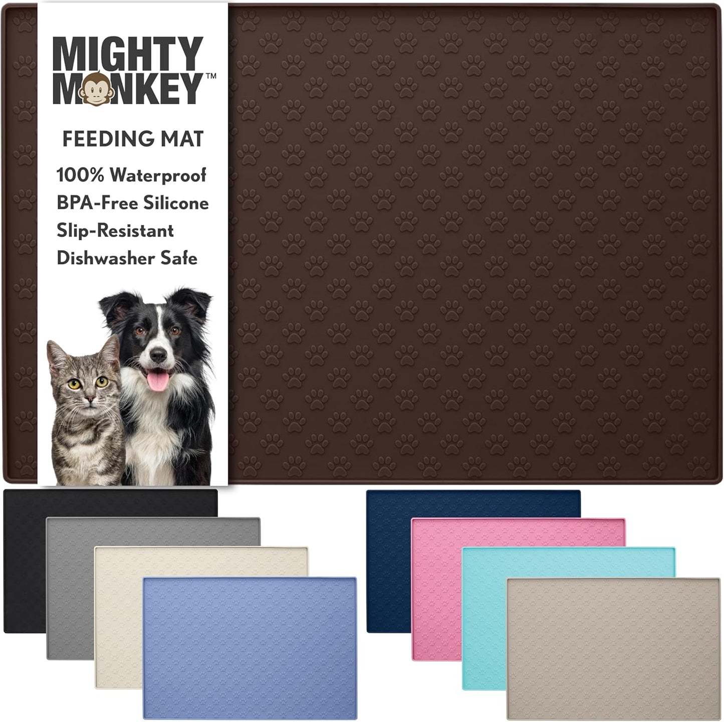 MIGHTY MONKEY 100% Waterproof Dog Food Mat, Raised Edges Silicone Pet Feeding Placemat for Cat, Dogs, Pet Bowls, High Lipped Tray Prevents Water Spills, Food on Floor, Dishwasher Safe, 18x12, Brown