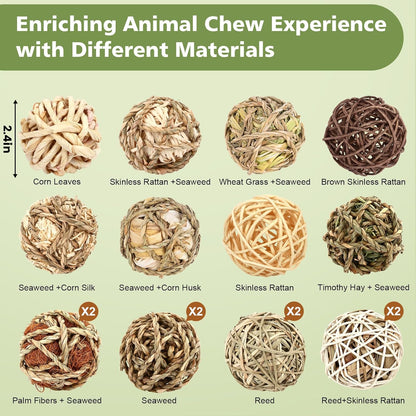 Bunny Chew Grass Balls, Rolling Chew Toys for Small Animals, Improving Dental Health, Natural Chew Grass Toys for Rabbits, Guinea Pigs, Chinchillas, Hamsters, Mice (16 Pcs)