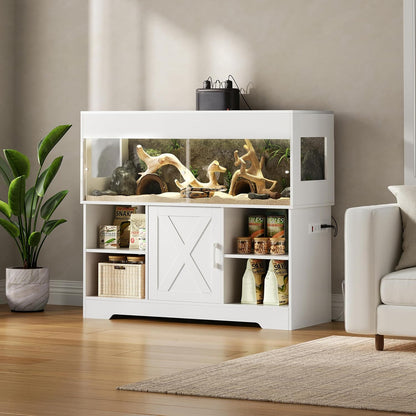 60 Gallon Reptile Tank with Stand, Terrarium Tank with Storage Cabinet, for Lizards, Skinks, Snakes, Sliding Acrylic Doors, Mesh Top, Built-in Power Outlet White PX02RTW