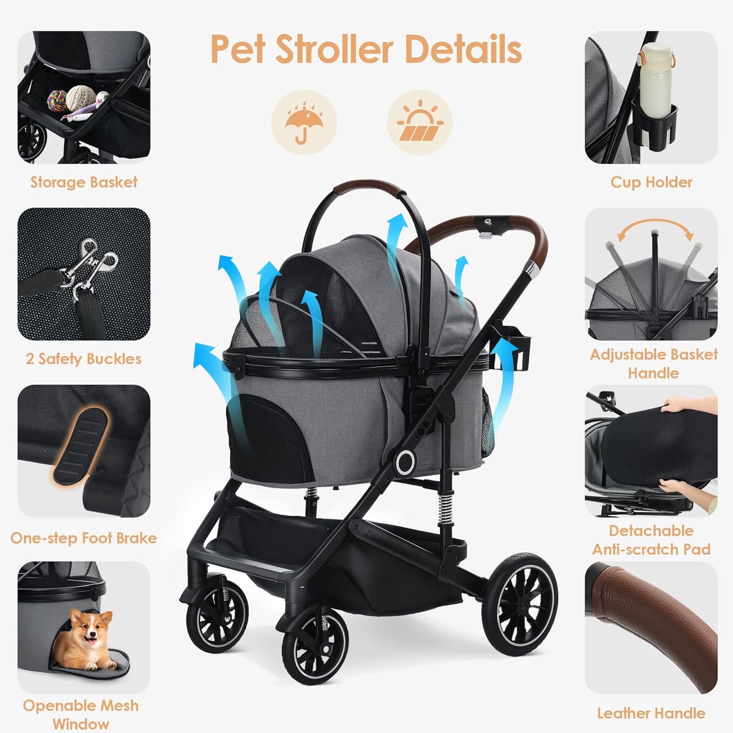 Pet Stroller with 4 Wheels, 3 in 1 Folding Puppy Strollers for Small/Medium Dogs Cats up to 50lbs, Lightweight Pet Travel Carrier with Detachable Cushion, Storage Basket and Cup Holder, Gray - Pawvie