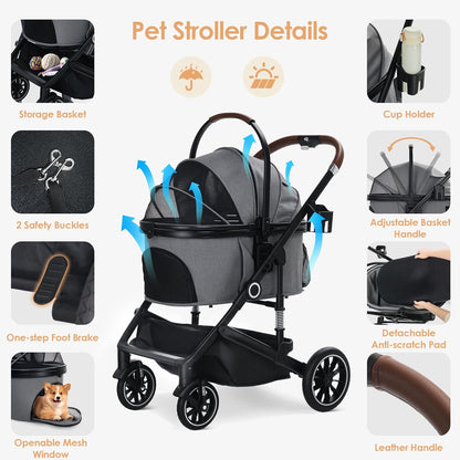 Pet Stroller with 4 Wheels, 3 in 1 Folding Puppy Strollers for Small/Medium Dogs Cats up to 50lbs, Lightweight Pet Travel Carrier with Detachable Cushion, Storage Basket and Cup Holder, Gray - Pawvie