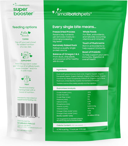 smallbatch Freeze Dried Dog Treats, Superfood Food Topper Duck Bites for Dogs & Cats, Probiotics, Organic Ingredients, High Protein, Grain Free Healthy Treat or Food Topper, Made in The USA, 7 oz Bag