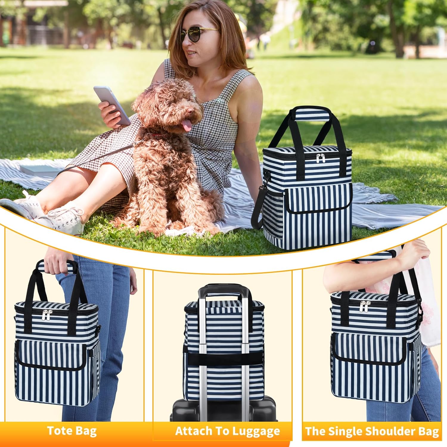 Dog Travel Bag for Camping - Pet Travel Accessories with 2 Collapsible Bowls, 2 Food Containers & Waterproof Feeding Mat - Portable Dog Carrier, Stripe (Small) - Pawvie
