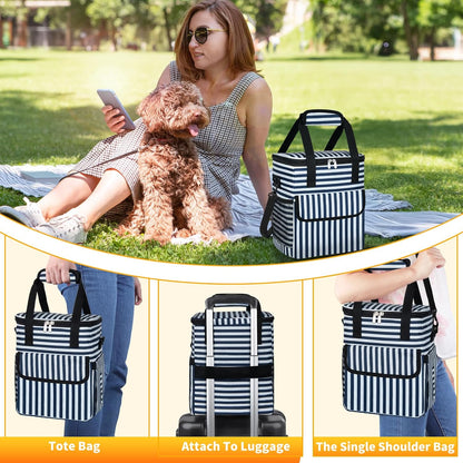Dog Travel Bag for Camping - Pet Travel Accessories with 2 Collapsible Bowls, 2 Food Containers & Waterproof Feeding Mat - Portable Dog Carrier, Stripe (Small) - Pawvie