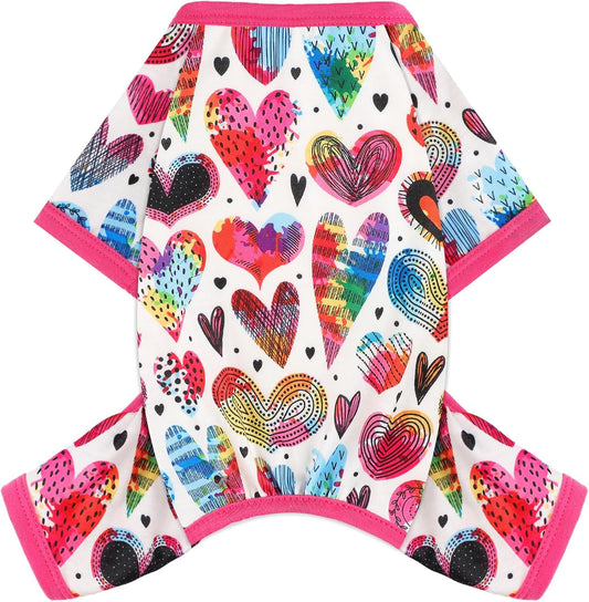 Dog Pajamas Small Sized Dogs Stretchable Summer Dog Clothes Pjs 4 Legs Girl Boy Cute Soft Puppy Outfits Doggie Cat Jammies Jumpsuit Sleeper for Pet (Love Heart, Large)