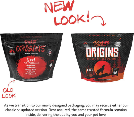 Origins 5-in-1 Dog Supplement - Powdered Food Topper w/Natural Turkey Protein- Supports Healthy Digestion, Skin, and Coat - Helps Reduce Itching & Joint Inflammation (2LB)