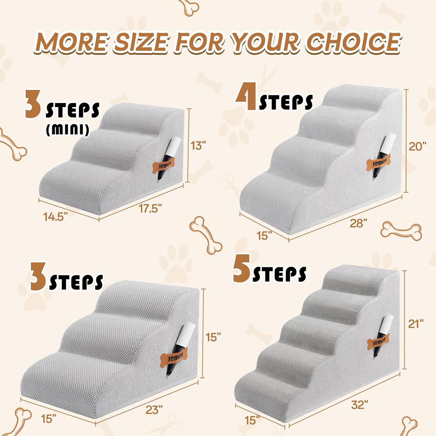 Romrol Dog Stairs Ramp for High Beds Couches, High Density Foam Pet Steps with Durable Non-Slip Waterproof Fabric Cover, Dog Stairs for Small Dogs or Cats or Pets, 3-Step,15 Inch,Light-Grey - Pawvie