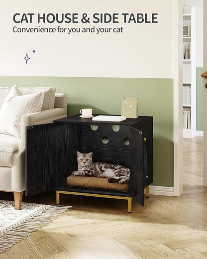 Cat Litter Box Enclosure, Hidden Litter Box Furniture Cabinet, Wooden Indoor Cat House, Side End Table, Living Room, Bedroom, Black and Gold CB81204G