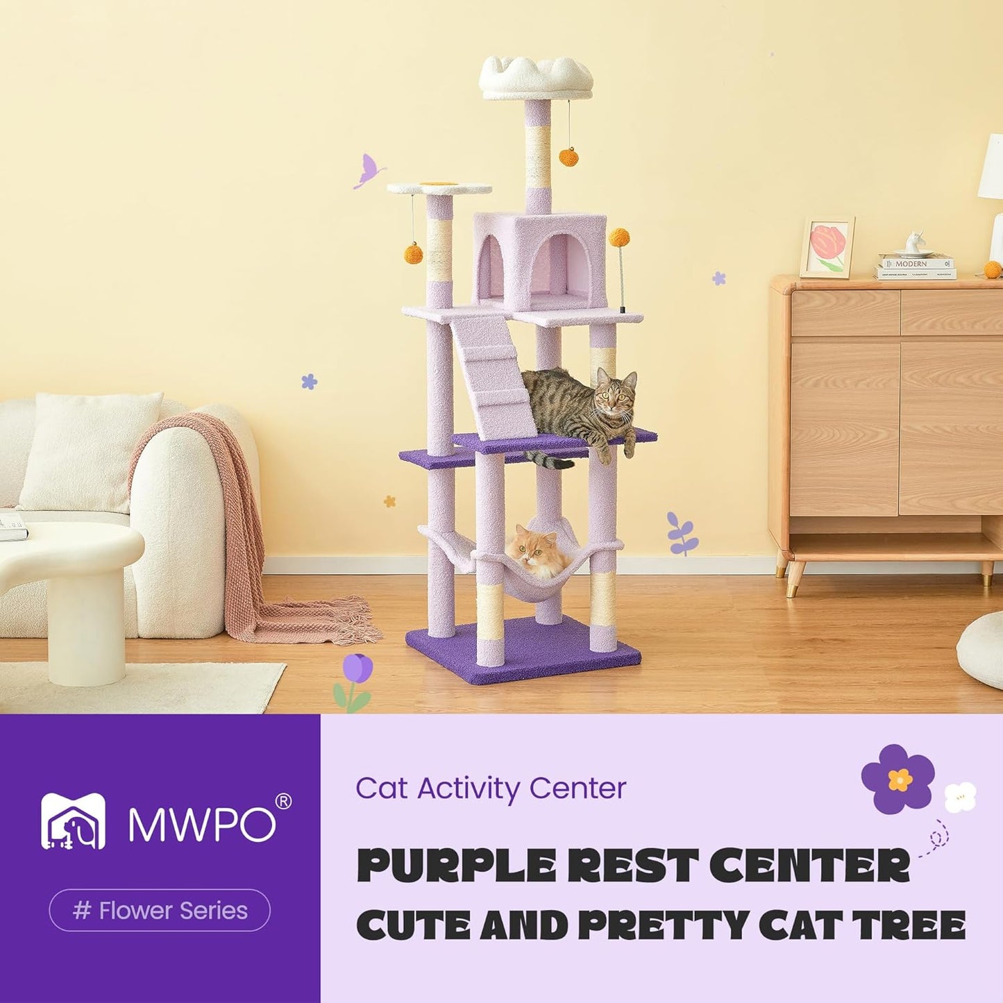 MWPO Flower Cat Tree for Indoor Cats, 63.8 Inches Multi-Level Cat Tower with Sisal-Covered Scratching Posts, Padded Platform, Hammock, Dangling Toys, Stable Cat Condo Pet Play House
