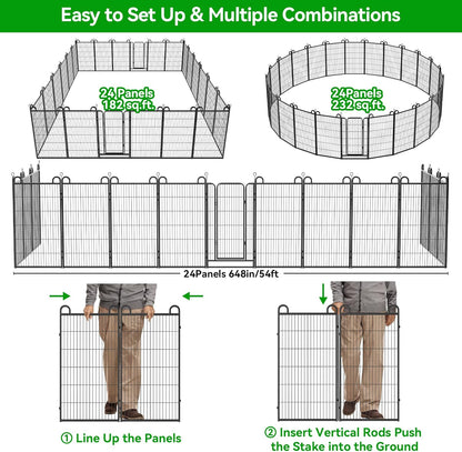 Dog Playpen Outdoor 24 Panels Heavy Duty Dog Fence 47" Height Anti-Rust with Doors Portable for RV Camping Yard, Total 54FT, 227 Sq.ft, Snowy Black