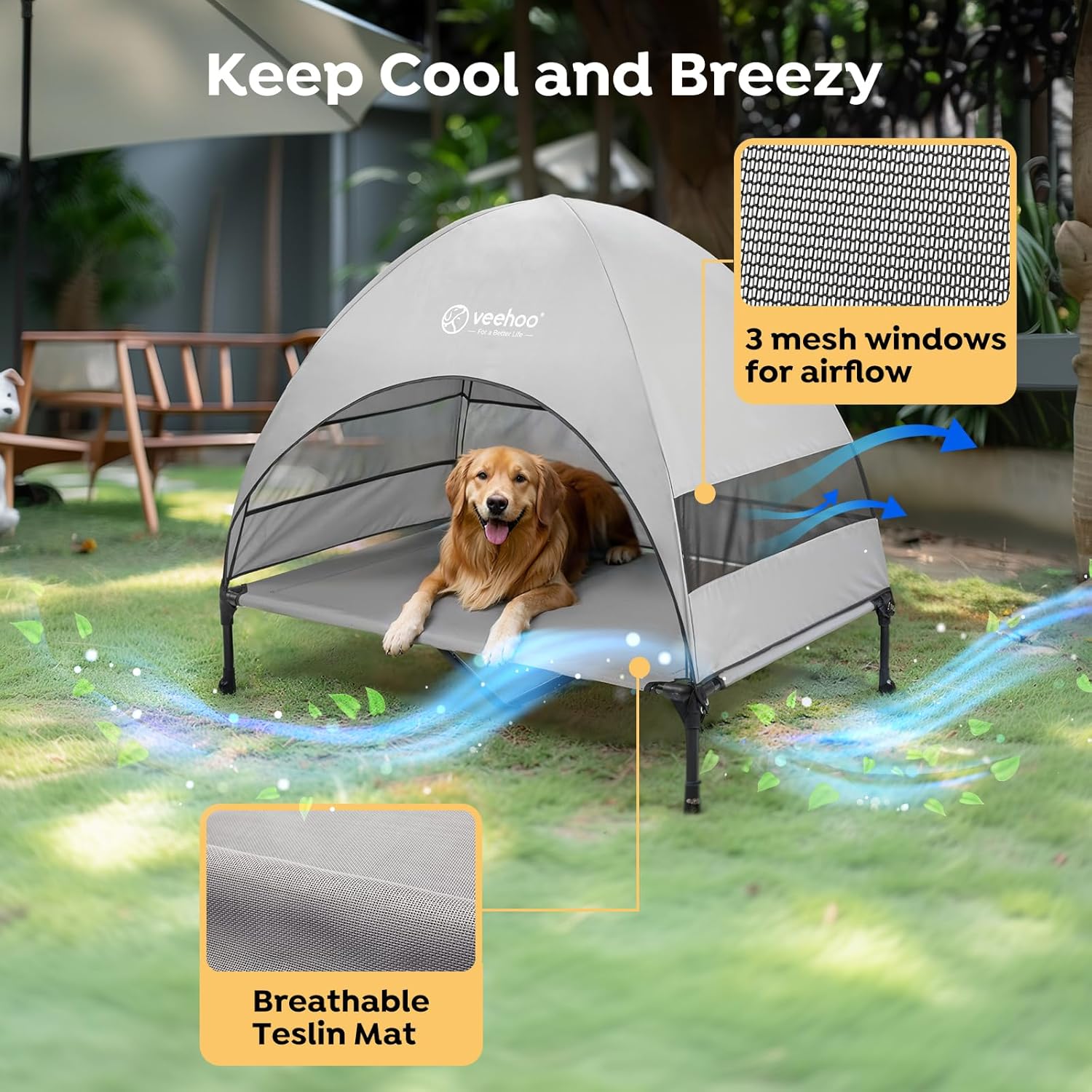 Veehoo Outdoor Dog Bed with Canopy, Cooling Elevated Pet Cot with Removable Shade, Non-Slip Feet, Raised Dog Cot for Large Dogs, Pet Tent Bed for Camping, Beach, XLarge, Grey, CWC2411 - Pawvie