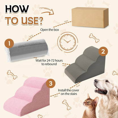 Romrol Dog Stairs Ramp for High Beds Couches, High Density Foam Pet Steps with Durable Non-Slip Waterproof Fabric Cover, Dog Stairs for Small Dogs or Cats or Pets, 3-Step,15 Inch,Pink - Pawvie