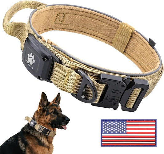 2026 Upgrade Dog Collar with IPX8 Waterproof AirTag Holder,Military Tactical Comfortable Control Handle and Ultra-Durable Metal Buckle/Night Reflective,GPS Collar for Medium to Large Dog（Khaki/L）