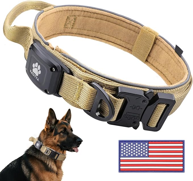 2026 Upgrade Dog Collar with IPX8 Waterproof AirTag Holder,Military Tactical Comfortable Control Handle and Ultra-Durable Metal Buckle/Night Reflective,GPS Collar for Medium to Large Dogs（Khaki/M）
