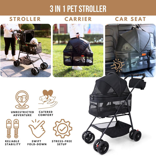 Pet Stroller for Small Dogs Cats with Wheels, Detachable Carrier, Max Load 33 lbs, Easy Folding, Compact Portable, Dog Carriage Cart Car Seat 3 in 1