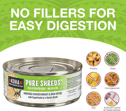 KOHA Pure Shreds Chicken and Duck Entrée for Cats, High Protein Wet Cat Food 2.8oz Cans (Pack of 24)