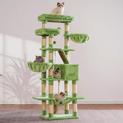 Heybly Cat Tree, 68 inch Multi-Level Cat Tower for Indoor Cats, 2 Widened Plush Perches Cat Condo with Scratching Board and Big Caves, Green HCT025GR