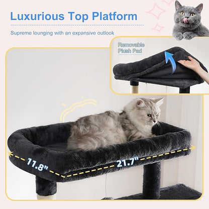Heybly Cat Tree, 76-Inch Tall Heavy Duty Cat Tower for Big Cats with Extra Wide Baseboard, Multi-Level Large Cat Furniture with 2 Condos & 2 Hammocks, 10 Scratching Posts, Smoky Gray HCT039G
