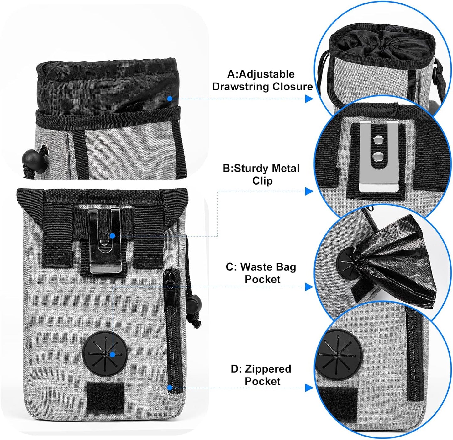Airline Approved Dog Travel Bag with 2 Dog Treat Training Pouches, Tote Organizer for Weekend Pet Travel Supplies & Accessories, 2 Collapsible Bowls, 2 Food Container (Grey)