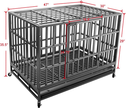 Confote 47Inch Heavy Duty Dog Kennel Strong Metal Dog Cage Pet Crate for Medium and Large Dogs with Four Lockable Wheels, Removeable Tray
