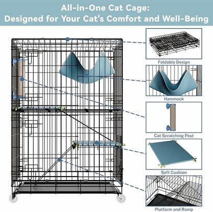 3-Tier Cat Cage Indoor: Medium Cat Enclosure Pet Playpen Detachable Metal Wire Kennel Collapsible Crate with Scratching Post & Plush Pads & Hammock for Cats Kittens