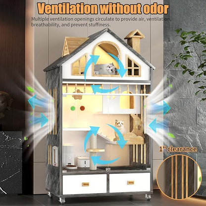 Wooden Cat House Indoor Cats Villa on Wheels, Large Space Cat Cage with Scratching Post, Multi-Feature Enclosed Cat Condo with Cat Litter Box Drawer, 63" X 35" X 24"