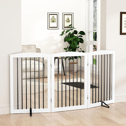 Freestanding Pet Gate for Dogs, Foldable Wooden Dog Gate for House Indoor, Tall Pet Fence for Stair, Doorway,Hall, Support Feet Included, 3 Panels 32",White