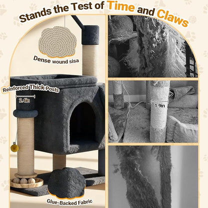PetDance 37in All-in-1 Small Cat Tree for Indoor Cats | Space-Saving Cat Tower with Cozy Condo, Cat Window Perch, Sisal Scratching Posts, Interactive Ball Track Toy & Self-Grooming Brush,Dark Gray