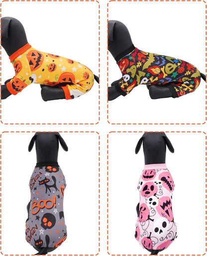 PET SHOW 4 Pack Halloween Small Dog Pajamas for Medium Dogs Onesie Pumpkin Ghost Soft Fleece Stretchy Jumpsuit Costume Boy Girl Pets PJs with Sleeve Clothes(M)