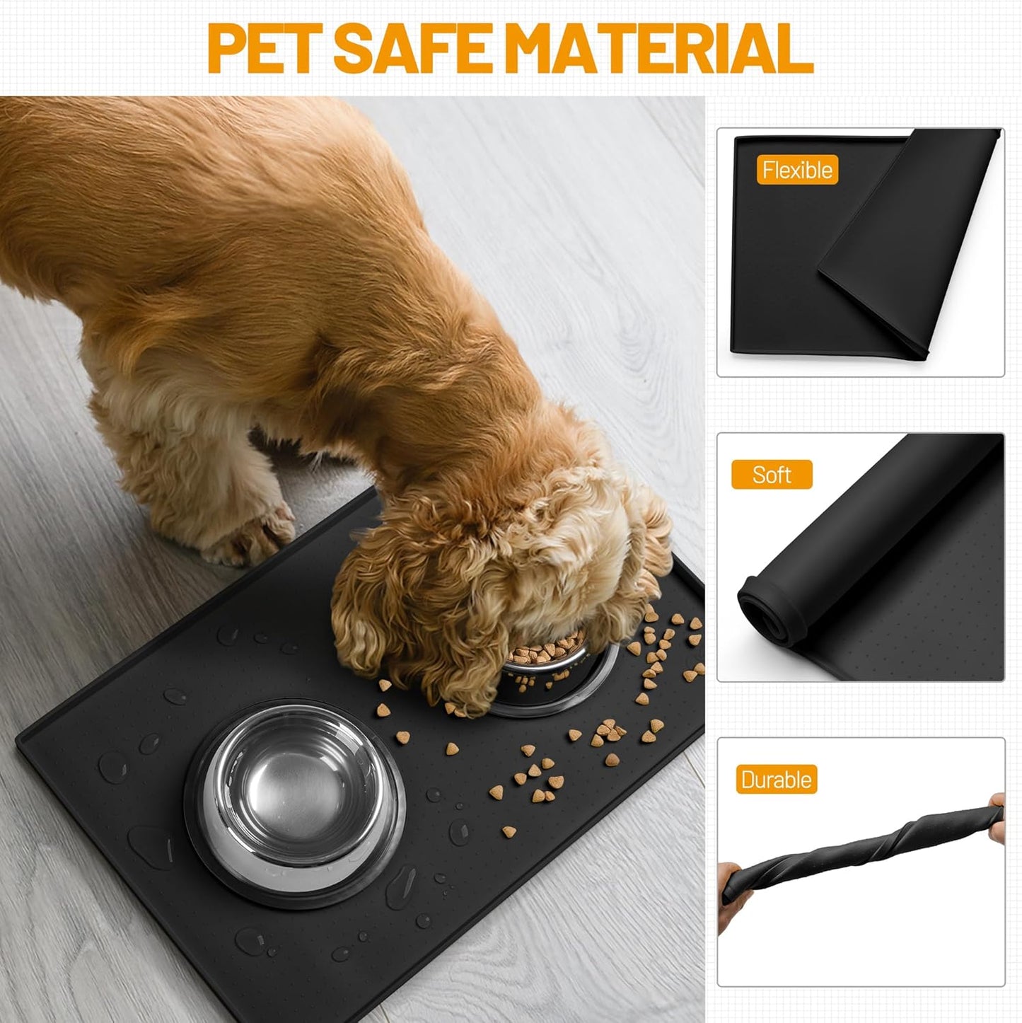 Hubulk Dog Feeding Mat,100% Waterproof Food Grade Silicone Pet Food and Water Bowl Placemat,Dishwasher, High Raised Edge to Prevent Spills,Nonslip Tray to Stop Messes on Floor (19"x12"x0.5", Black)