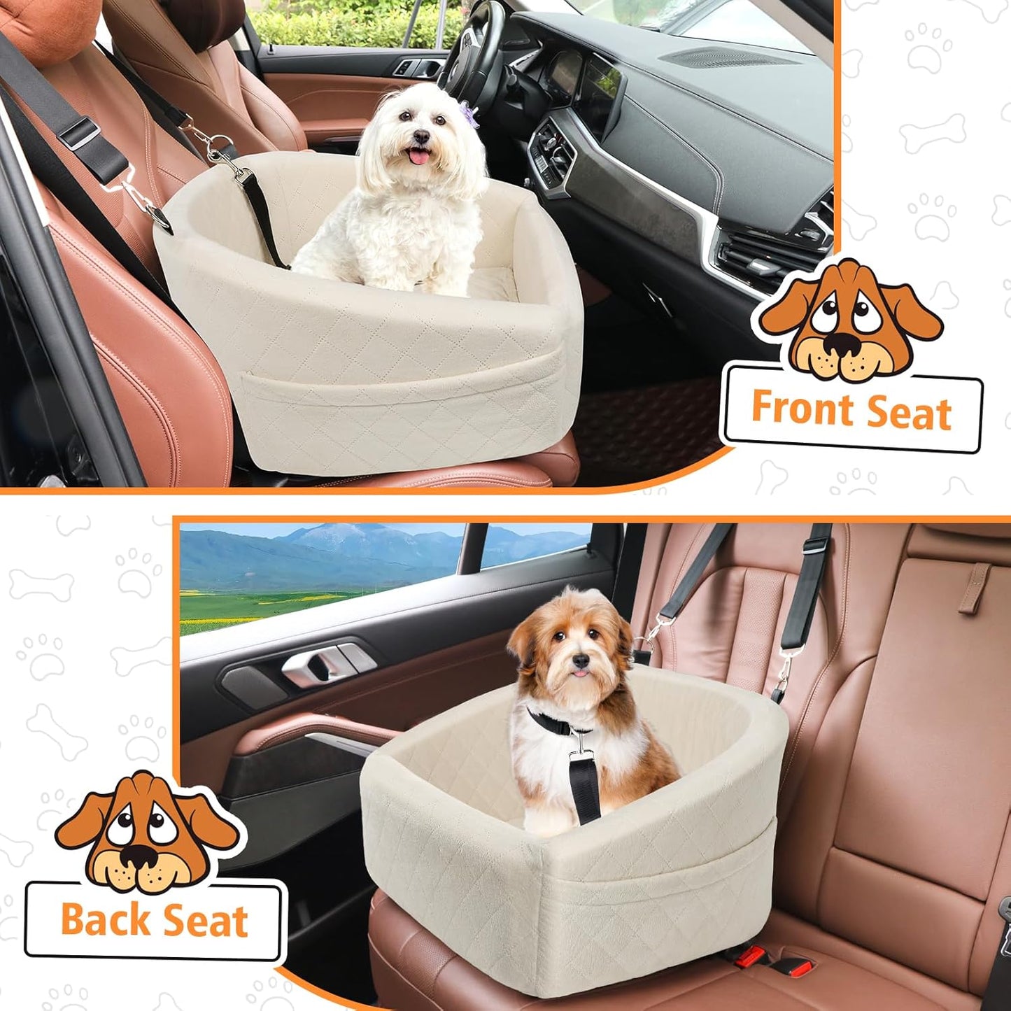 Dog Car Seat for Small Medium Dogs,Detachable Washable Dog Booster Seat Under 30lbs, Pet Car Seat Travel Bed with Storage Pockets and Dog Safety Belt (White) - Pawvie
