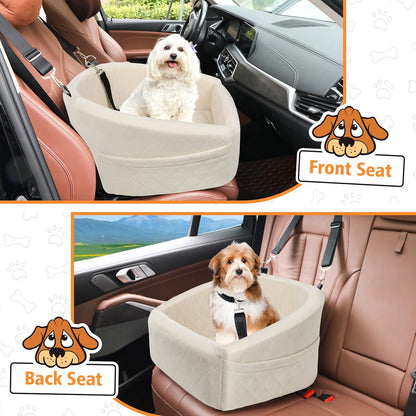 Dog Car Seat for Small Medium Dogs,Detachable Washable Dog Booster Seat Under 30lbs, Pet Car Seat Travel Bed with Storage Pockets and Dog Safety Belt (White) - Pawvie