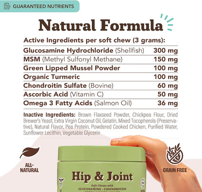 Natural Dog Company Hip & Joint Chews, Chicken Liver & Turmeric Flavor, with Glucosamine Chondroitin for Dogs, Maintains Bone and Joint Health, Supplements for Seniors and Puppies, 90 Count