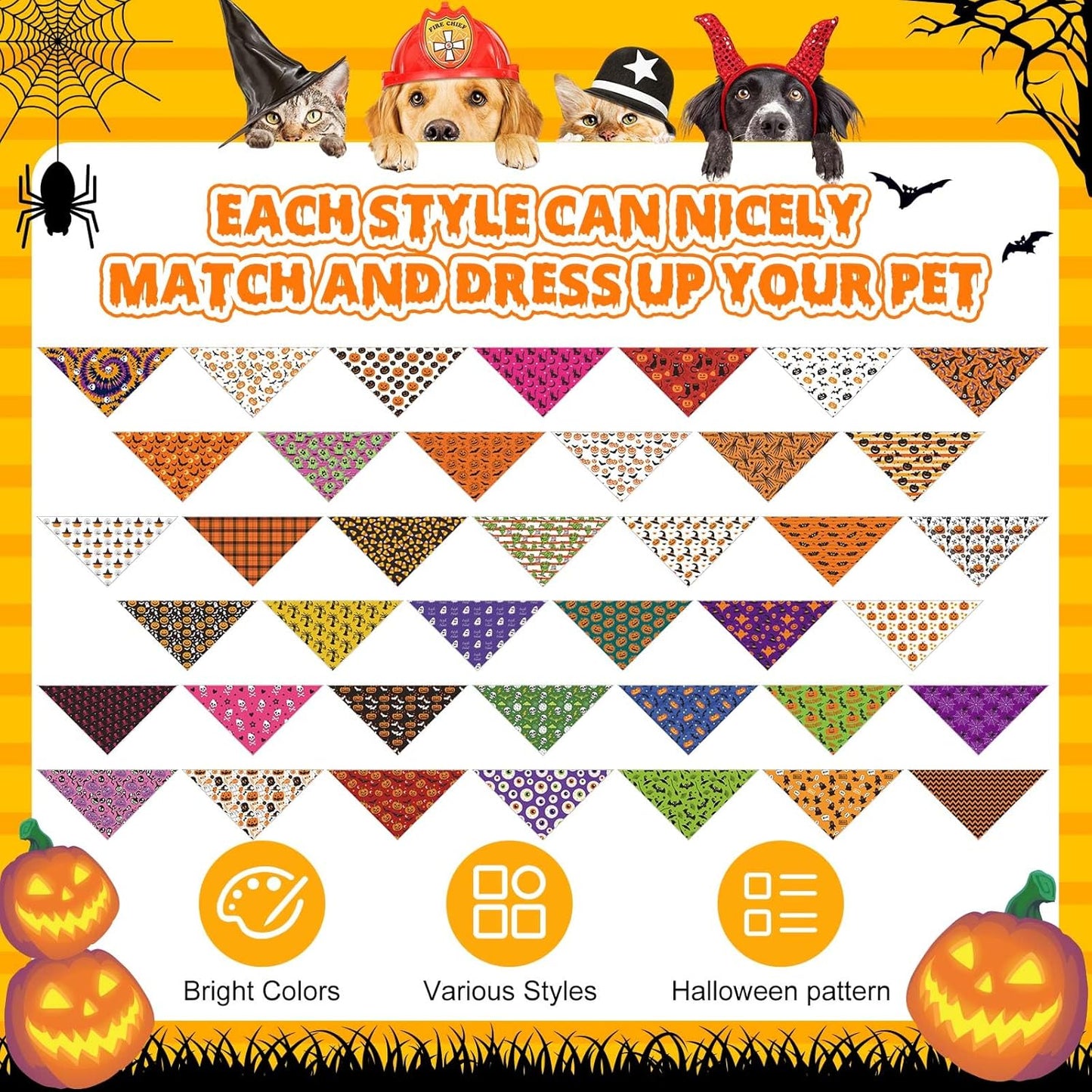 Sanwuta 120 Pcs Halloween Dog Bandanas Bulk, 40 Styles Adjustable Triangle Pet Scarves, Soft Washable Halloween Dog Cat Accessories for Small Medium Large Dogs, Puppy Costumes and Party Dress up
