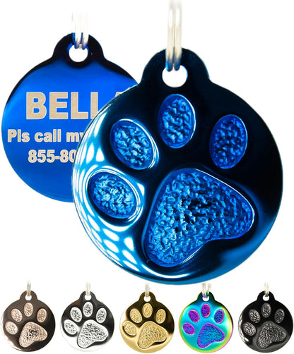 Engraved Pet Tag for Dogs and Cats - Personalized Front & Back up to 4 Lines of Text Custom Engraved ID, Round Paw Print Solid Plating Stainless Steel Blue Regular
