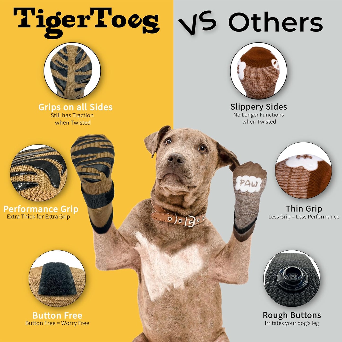 DOK TigerToes Premium Non-Slip Dog Socks for Hardwood Floors - Extra-Thick Grip That Works Even When Twisted - Prevents Licking, Slipping, and Great for Dog Paw Protection (XXS, Cool Caramel)