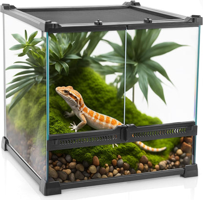 Mini Reptile Glass Terrarium 12"x12"x12" Durable Reptile Habitat Tank with Heat Resistant Aluminum Alloy Frame, Double Swinging Doors with no Jam by Sand and Other Debris - Pawvie