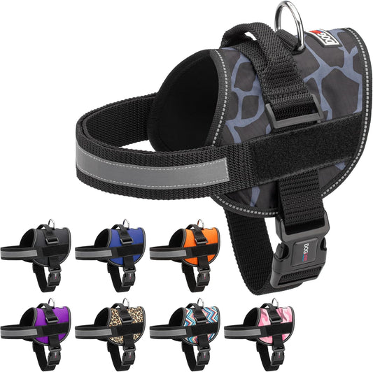 Dogline Dog Harness, Reflective No-Pull Adjustable Vest with Handle for Walking, Training, Breathable, No - Choke Harness for Small, Medium or Large Dogs Room for Patches Girraffe Grey XS 15"-18"