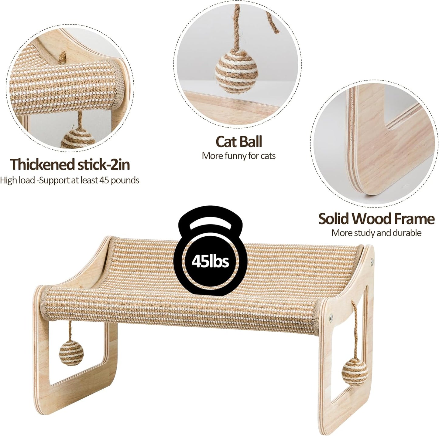 Sisal Cat Scratcher Bed for Indoor Cats Hammock for Scratching Pad, 2 in 1 Elevated Cat Sisal Chair with 2 Toys Ball for Scratcher Lounge,Kitty Bench,Dog Bed,Natural Lounger Chair
