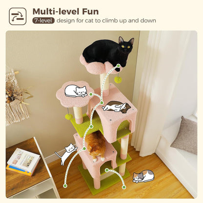 Flower Cat Tree, 62-Inch Tall Multi-Level Cat Tower with Scratching Posts for Large Indoor Cats, Plush Bed w/Padded Perches, Scratching Pad & 2 Green Pompoms, Pink